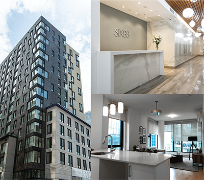 An exterior view of the SIX88 apartment building in Montreal, a furnished kitchen, and a lobby with a reception desk.